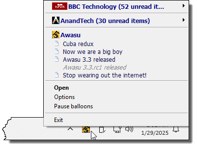 The system tray menu