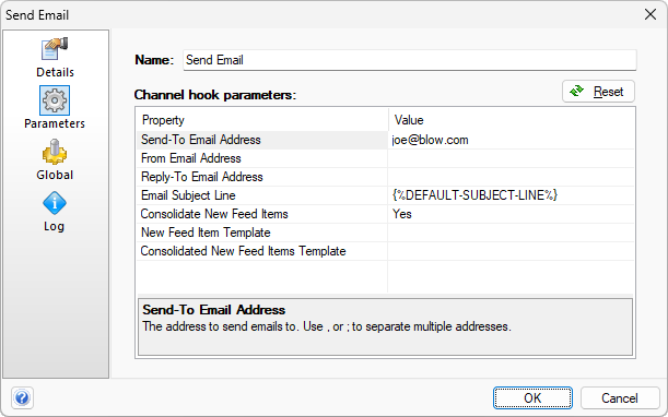 Configuring the Send Email channel hook parameters
