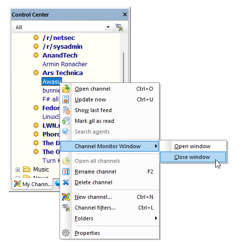 The channel hook commands menu