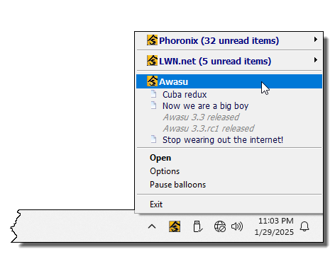 System tray menu