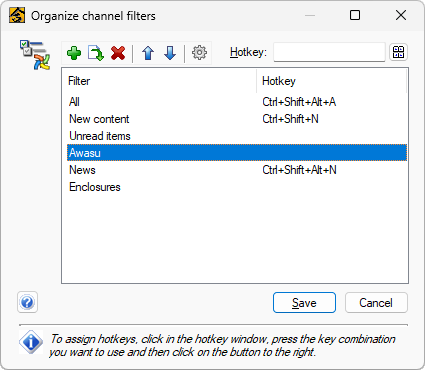 The Organize Channel Filters dialog