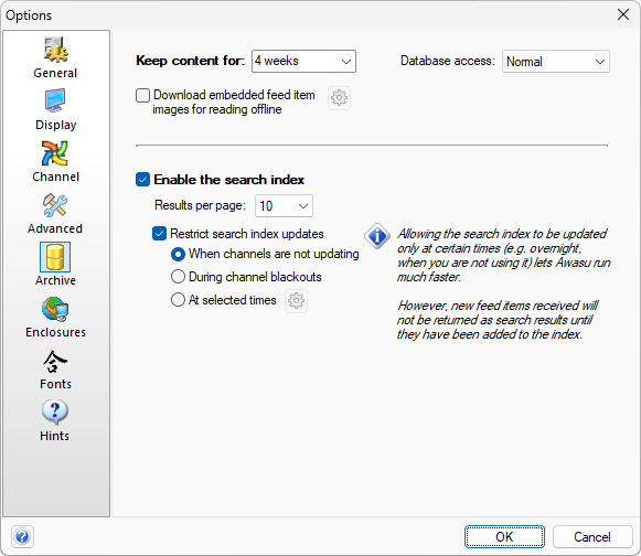 Awasu archive and search index options