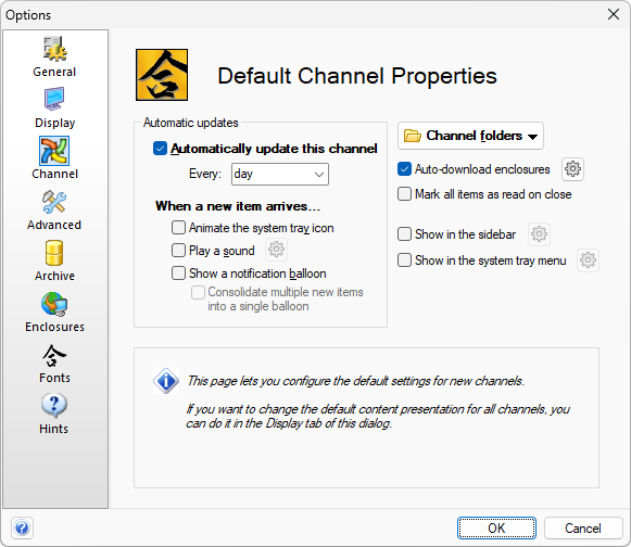 Changing the default settings for new channels