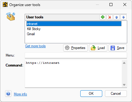 The Organize User Tools dialog