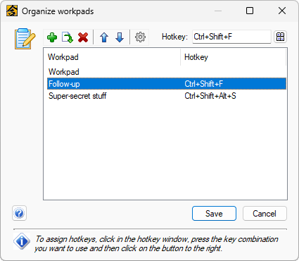 The Organize Workpads dialog